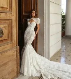 Lace High Neck Puff Sleeve Backless Mermaid — SW180 Ivory wedding dress, view 4