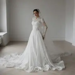 Lace Long Sleeve A-Line with Veil — SW273 Ivory wedding dress, full-length front view