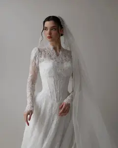 Lace Long Sleeve A-Line with Veil — SW273 Ivory wedding dress, full-length back view
