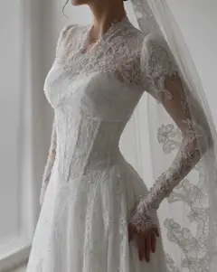 Lace Long Sleeve A-Line with Veil — SW273 Ivory wedding dress, full-length side view