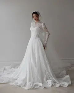 Lace Long Sleeve A-Line with Veil — SW273 Ivory wedding dress, view 4
