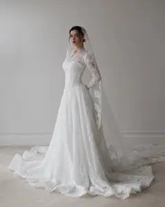 Lace Long Sleeve A-Line with Veil — SW273 Ivory wedding dress, view 5