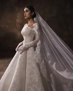 Lace Long Sleeve Fitted Train with Veil — SW524 Ivory wedding dress, full-length back view