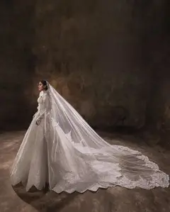 Lace Long Sleeve Fitted Train with Veil — SW524 Ivory wedding dress, view 3