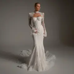 Lace Long Sleeve Mermaid Train — SW164 Ivory wedding dress, full-length front view