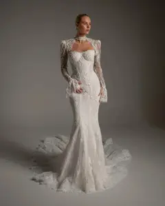 Lace Long Sleeve Mermaid Train — SW164 Ivory wedding dress, full-length back view