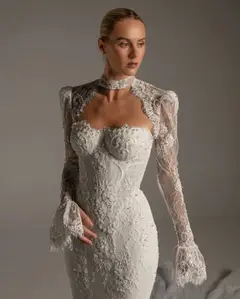 Lace Long Sleeve Mermaid Train — SW164 Ivory wedding dress, full-length side view