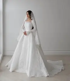 Lace Long Sleeve Square Neck with Veil — SW533 Ivory wedding dress, full-length side view