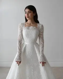 Lace Long Sleeve Square Neck with Veil — SW533 Ivory wedding dress, view 4