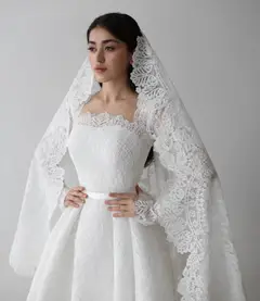 Lace Long Sleeve Square Neck with Veil — SW533 Ivory wedding dress, view 5