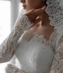 Lace Long Sleeve Square Neck with Veil — SW533 Ivory wedding dress, view 6