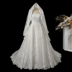 Lace Long Sleeve Square Neck with Veil — SW533 Ivory wedding dress, view 7