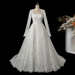 Lace Long Sleeve Square Neck with Veil — SW533 Ivory wedding dress, view 8
