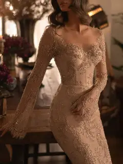 Lace Long Sleeves Mermaid — SW122 Champagne evening gown, full-length side view