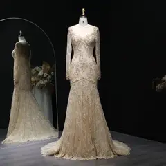 Lace Long Sleeves Mermaid — SW122 Champagne evening gown, view 4