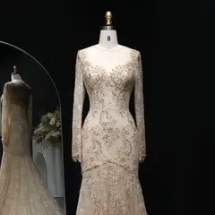 Lace Long Sleeves Mermaid — SW122 Champagne evening gown, view 5
