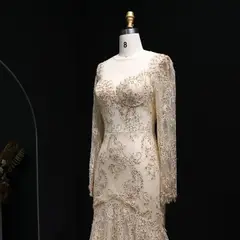 Lace Long Sleeves Mermaid — SW122 Champagne evening gown, view 8