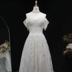 Lace Pearl Embroidery Ball Gown — SW652 Ivory wedding dress, full-length back view