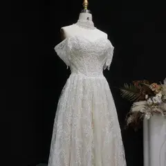 Lace Pearl Embroidery Ball Gown — SW652 Ivory wedding dress, full-length side view