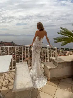 Lace Strapless High Slit Sheath with Choker — SW190 Ivory wedding dress, view 4