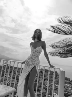 Lace Strapless High Slit Sheath with Choker — SW190 Ivory wedding dress, view 6