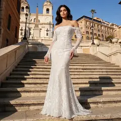 Lace Stunning Feminine Mermaid Train — SW650 Ivory wedding dress, full-length front view