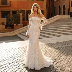 Lace Stunning Feminine Mermaid Train — SW650 Ivory wedding dress, full-length back view