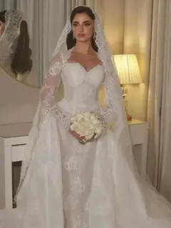 Lace Sweetheart Long Sleeve — SW523 Ivory wedding dress, full-length back view