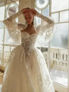 Lace Sweetheart Nec Ball Gown with Veil — SW184 Ivory wedding dress, full-length back view