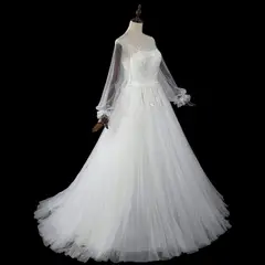 Long Sheer Sleeve A-Line Tulle with Lace Appliqués — SW713 Ivory wedding dress, full-length side view