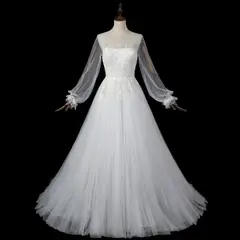 Long Sheer Sleeve A-Line Tulle with Lace Appliqués — SW713 Ivory wedding dress, view 4