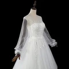 Long Sheer Sleeve A-Line Tulle with Lace Appliqués — SW713 Ivory wedding dress, view 5