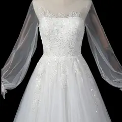 Long Sheer Sleeve A-Line Tulle with Lace Appliqués — SW713 Ivory wedding dress, view 6