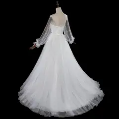 Long Sheer Sleeve A-Line Tulle with Lace Appliqués — SW713 Ivory wedding dress, view 7