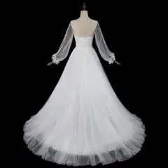 Long Sheer Sleeve A-Line Tulle with Lace Appliqués — SW713 Ivory wedding dress, view 8