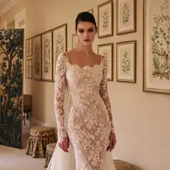 Long Sleeve Lace Mermaid with Overskirt — SW228 Ivory wedding dress, full-length back view