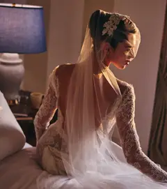 Long Sleeve Lace Mermaid with Overskirt — SW228 Ivory wedding dress, full-length side view