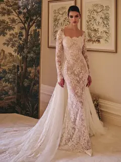 Long Sleeve Lace Mermaid with Overskirt — SW228 Ivory wedding dress, close-up detail