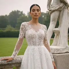 Long Sleeve Lace Short — SW721 Ivory wedding dress, full-length back view