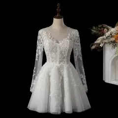 Long Sleeve Lace Short — SW721 Ivory wedding dress, full-length side view