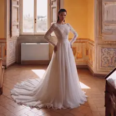 Long Sleeve Lace with Removable Chiffon Overlay — SW714 Ivory wedding dress, full-length front view