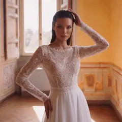 Long Sleeve Lace with Removable Chiffon Overlay — SW714 Ivory wedding dress, full-length back view