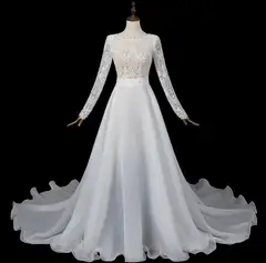 Long Sleeve Lace with Removable Chiffon Overlay — SW714 Ivory wedding dress, full-length side view