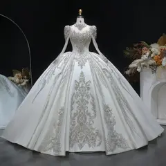 Long Sleeve with Crystal Embroidered Details — SW602 Ivory wedding dress, full-length front view