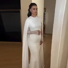 Minimalist Modest Mermaid Beaded Satin Sweep Train — SW513 Ivory wedding dress, full-length back view