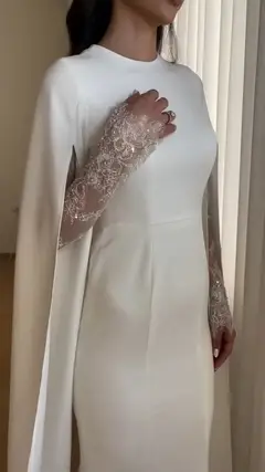 Minimalist Modest Mermaid Beaded Satin Sweep Train — SW513 Ivory wedding dress, view 8