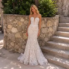 Nude Lace Fairytale Mermaid 3D Floral Train — SW649 Ivory Blush wedding dress, full-length side view