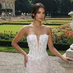 Nude Lace Fairytale Mermaid 3D Floral Train — SW649 Ivory Blush wedding dress, view 4