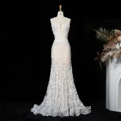 Nude Lace Fairytale Mermaid 3D Floral Train — SW649 Ivory Blush wedding dress, view 5