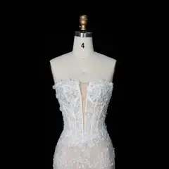 Nude Lace Fairytale Mermaid 3D Floral Train — SW649 Ivory Blush wedding dress, view 6